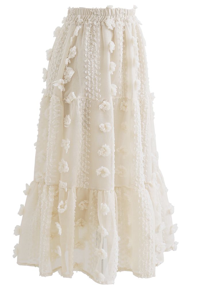 Cotton Flower Frill Hem Mesh Skirt in Cream