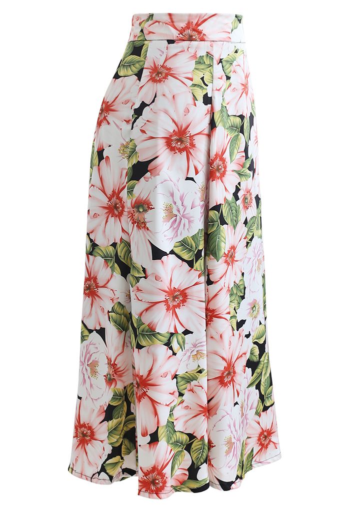 Charming Flower Print Satin Midi Skirt