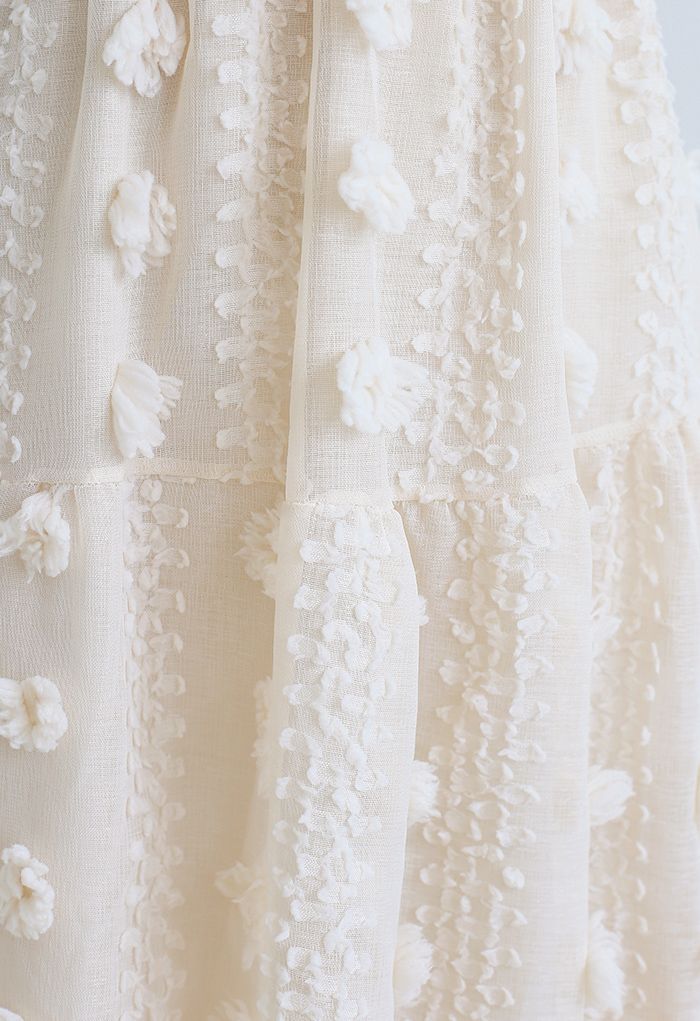 Cotton Flower Frill Hem Mesh Skirt in Cream