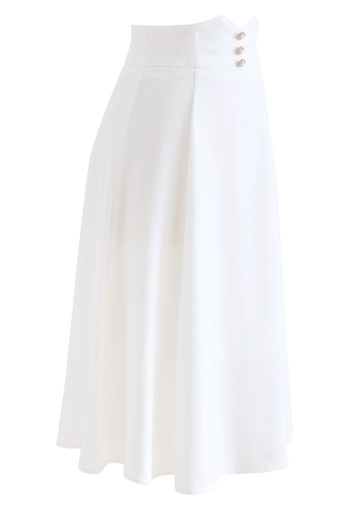 Pearly Waist Seam Detail Flare Midi Skirt in White
