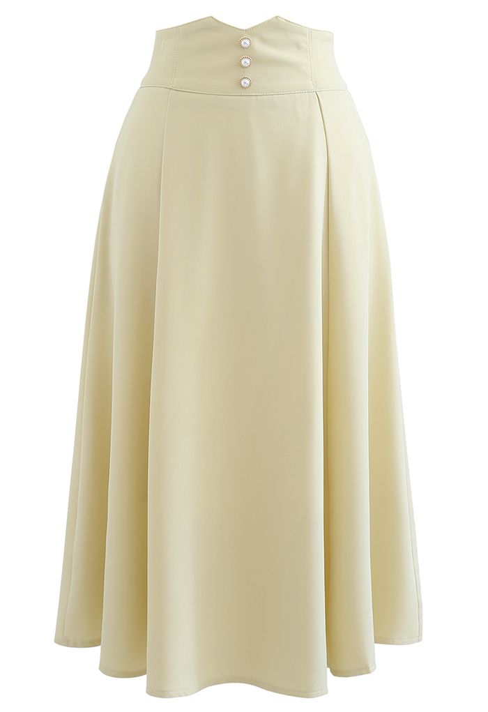 Pearly Waist Seam Detail Flare Midi Skirt in Light Yellow