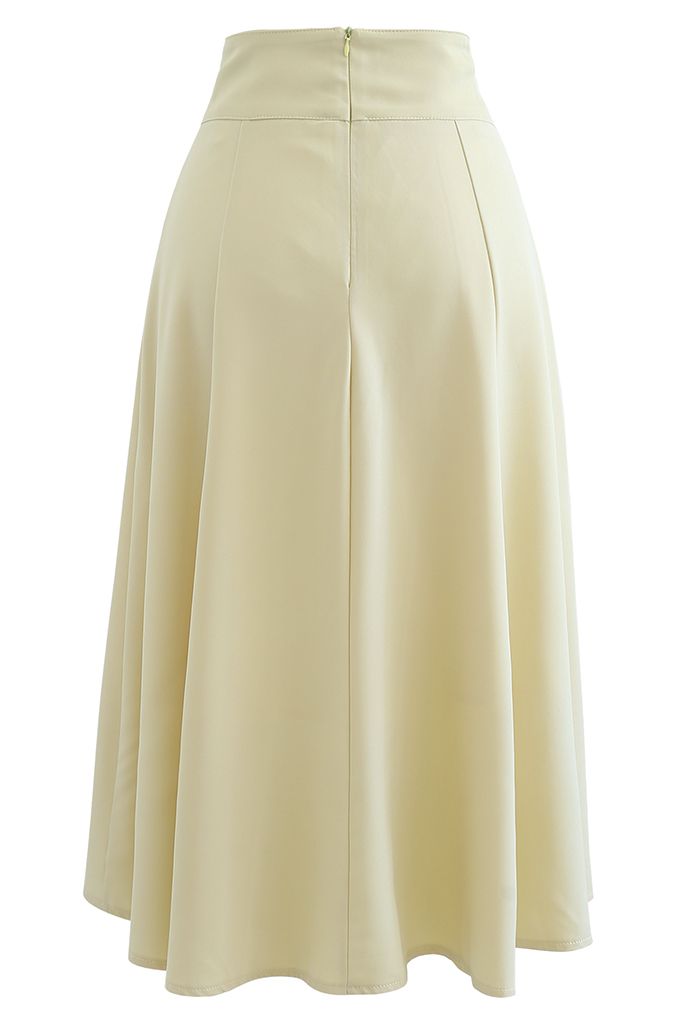 Pearly Waist Seam Detail Flare Midi Skirt in Light Yellow