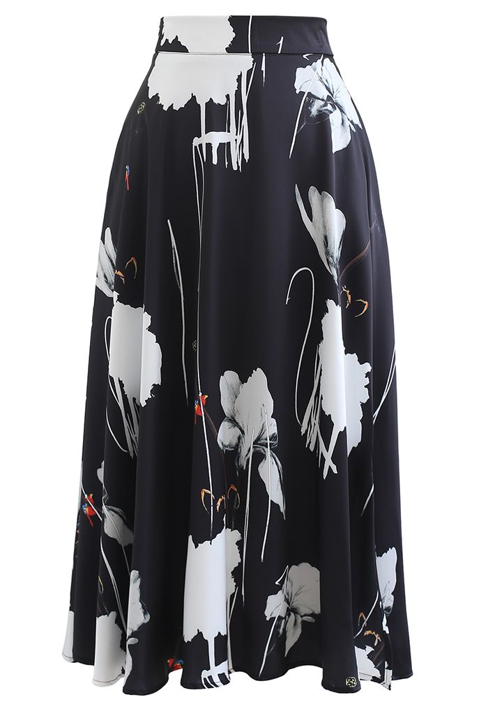 Lotus Ink Painting Satin Midi Skirt in Black