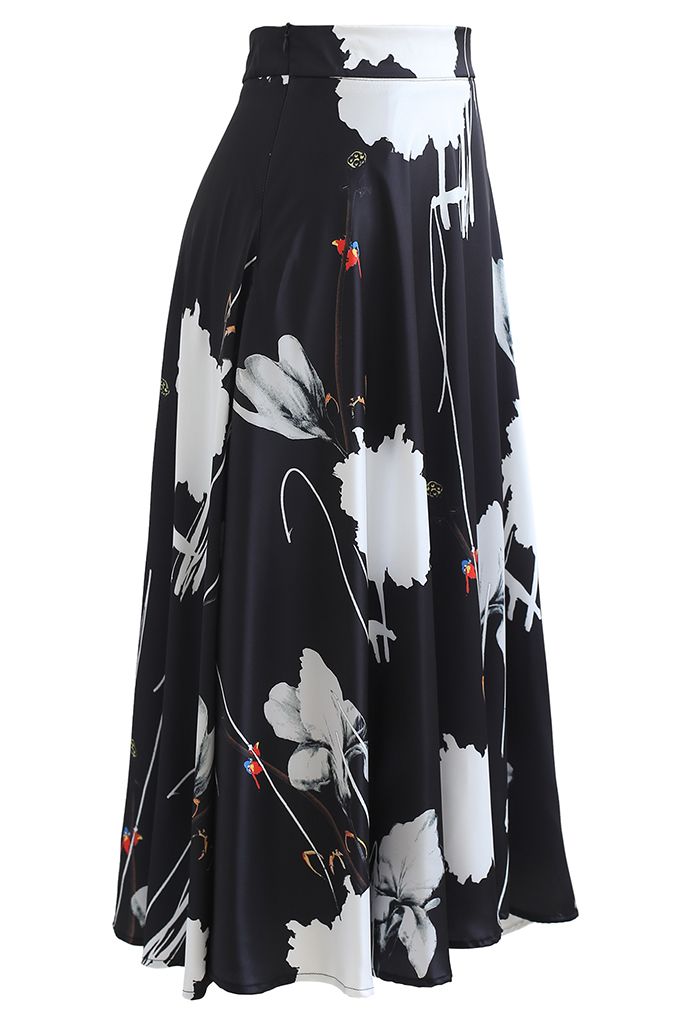 Lotus Ink Painting Satin Midi Skirt in Black