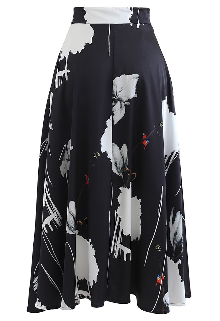 Lotus Ink Painting Satin Midi Skirt in Black