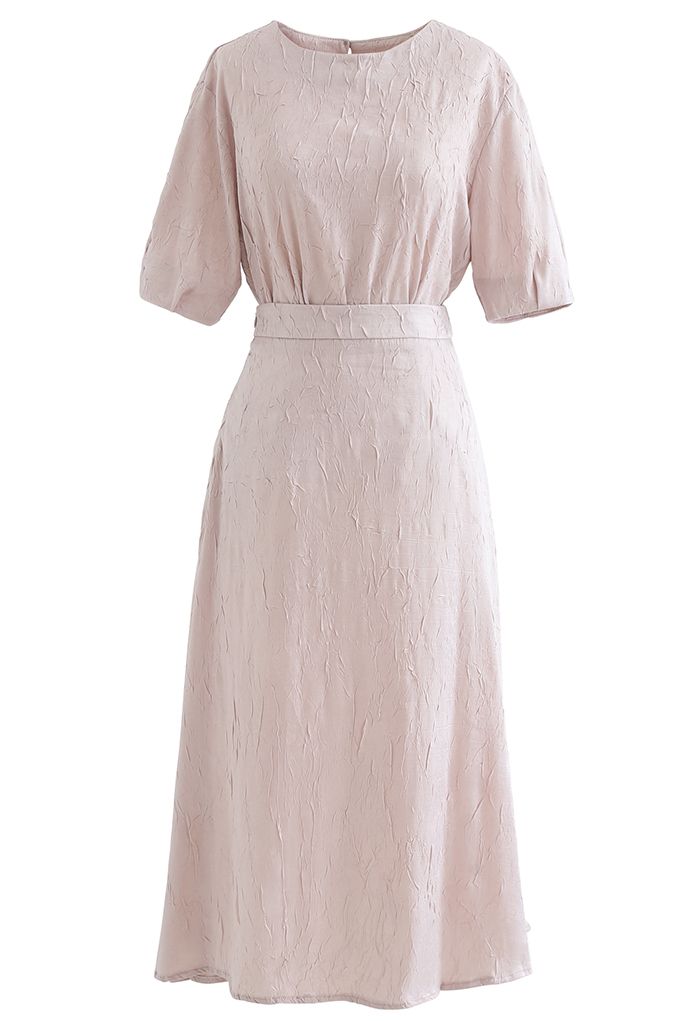 Full of Pleat Short Sleeve Top and Flare Skirt Set in Light Pink