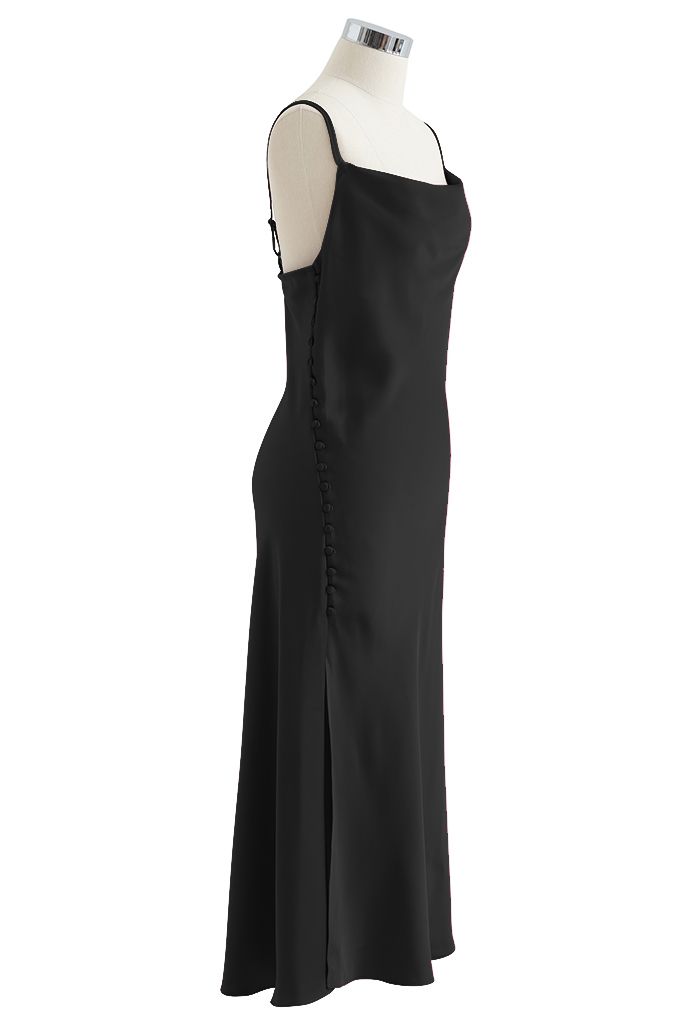 Buttoned Side Split Hem Satin Cami Dress in Black