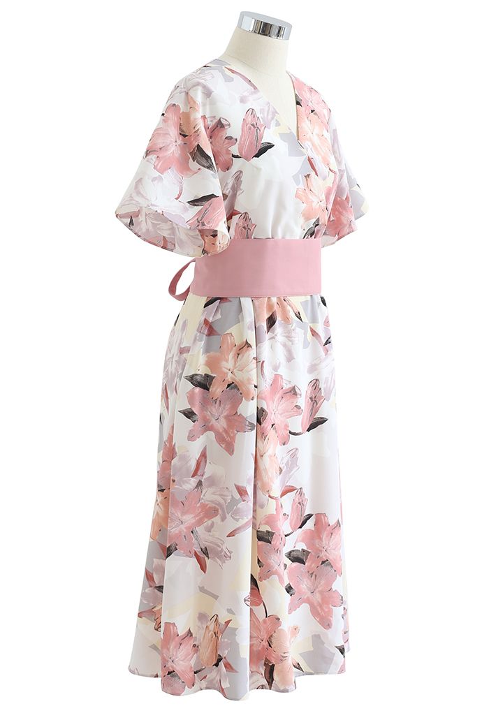 Lily Print Flare Sleeve Belted Midi Dress in Pink
