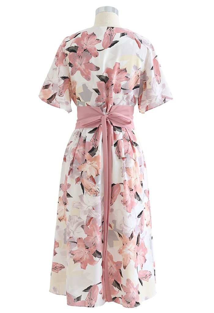 Lily Print Flare Sleeve Belted Midi Dress in Pink