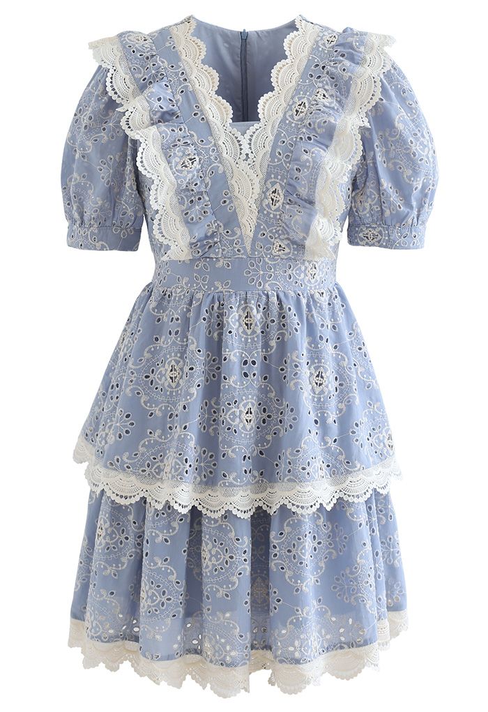 Full Embroidery Lace Trim Tiered Dress