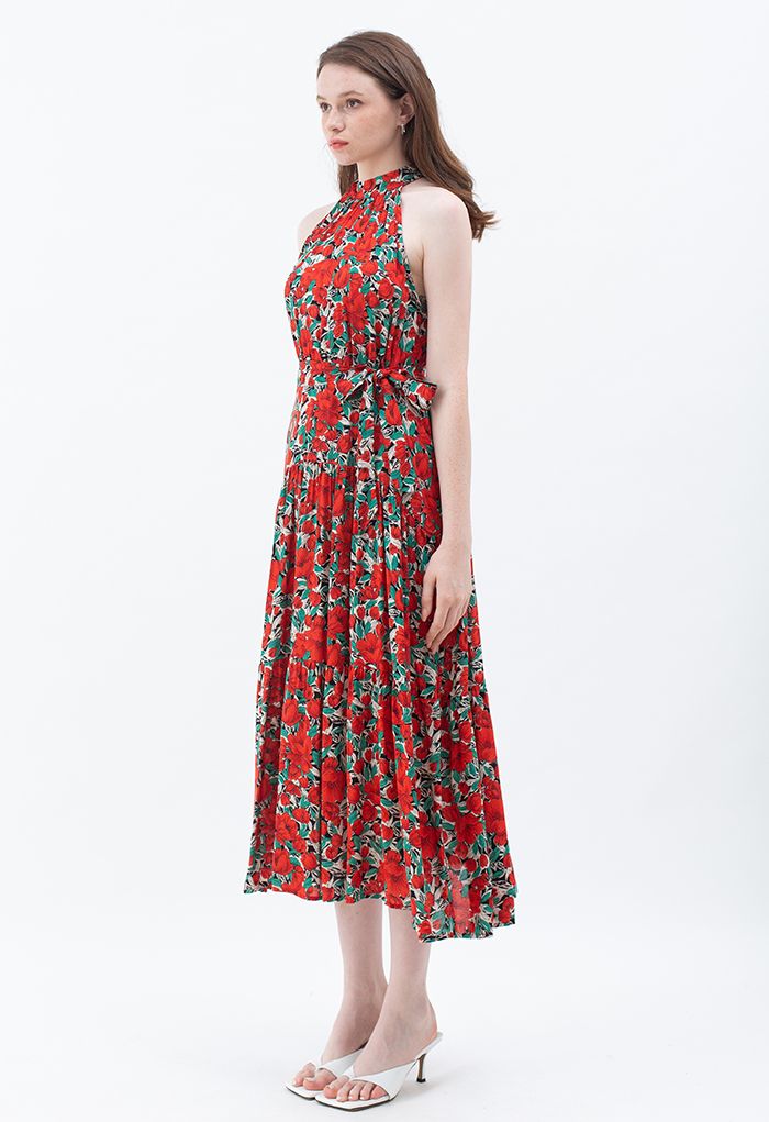 red floral sleeveless dress