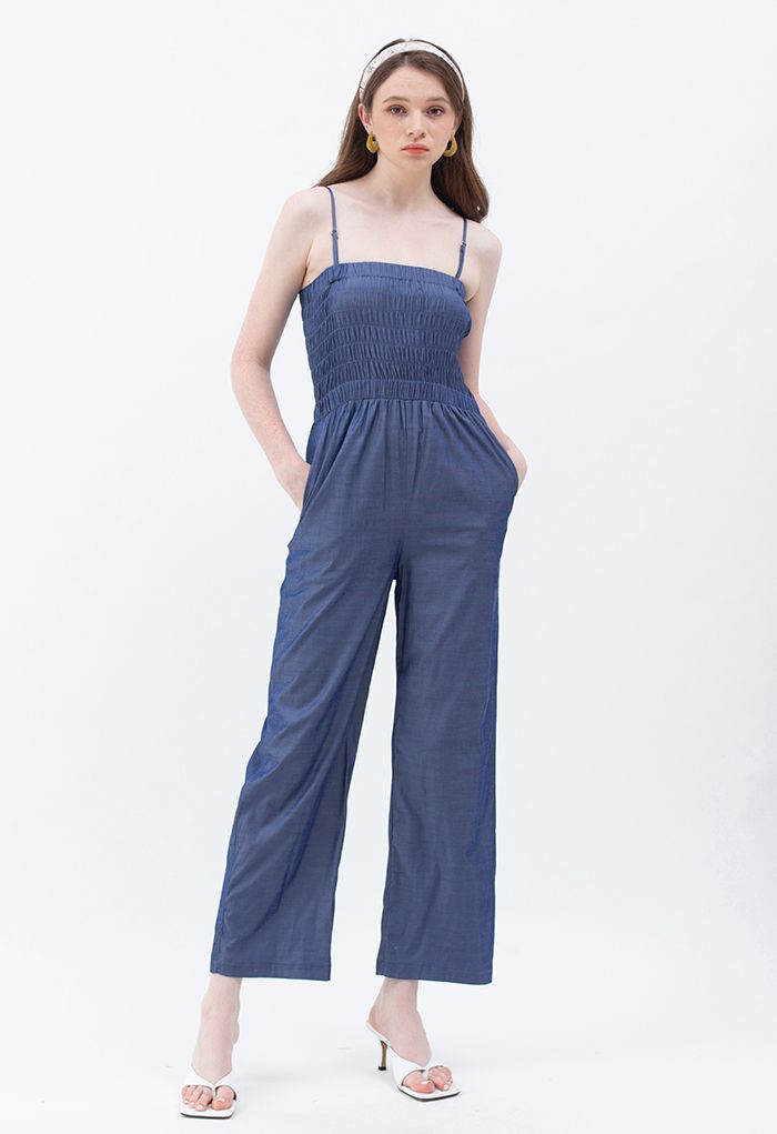 Straight Leg Shirred Cami Jumpsuit in Navy