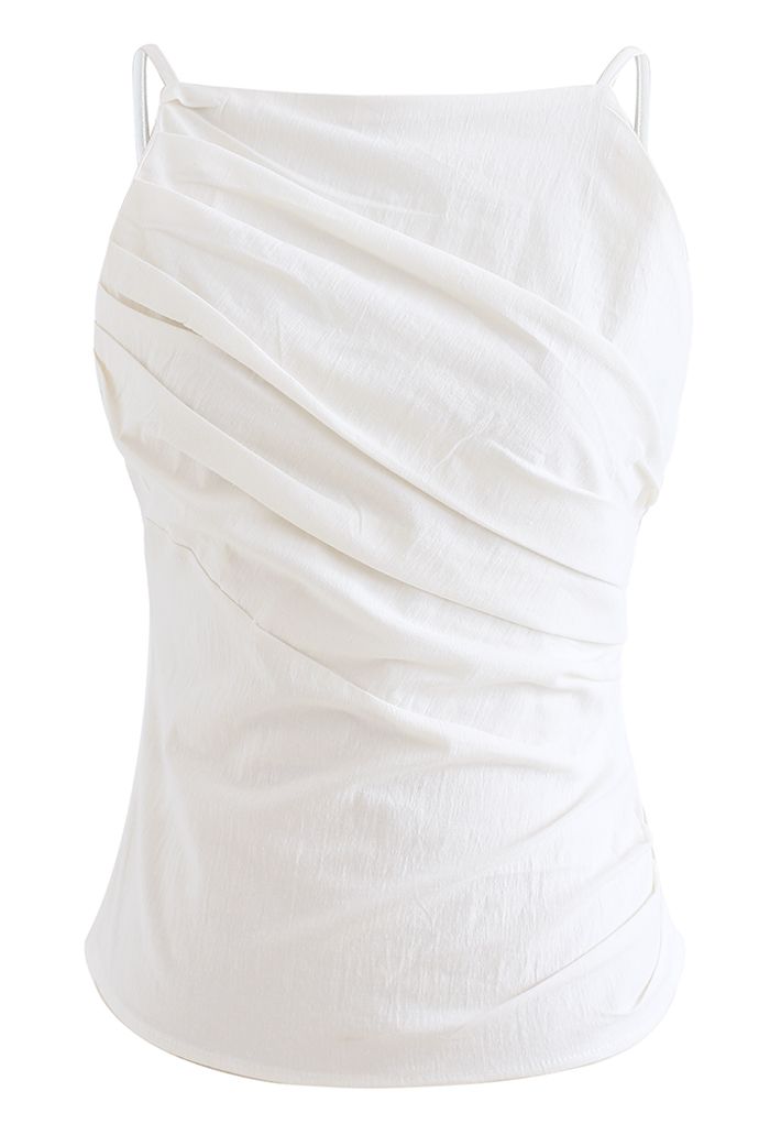 Slant Pleated Fitted Cami Top in White