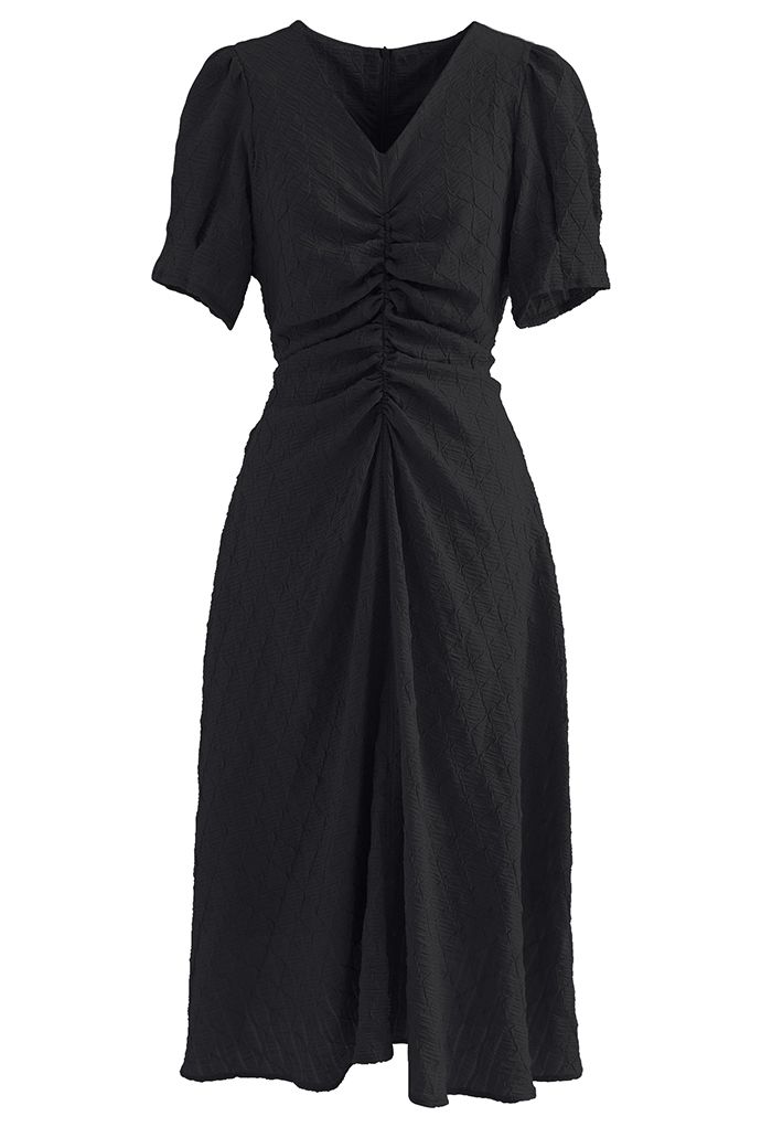 Embossed Diamond Ruched Midi Dress in Black