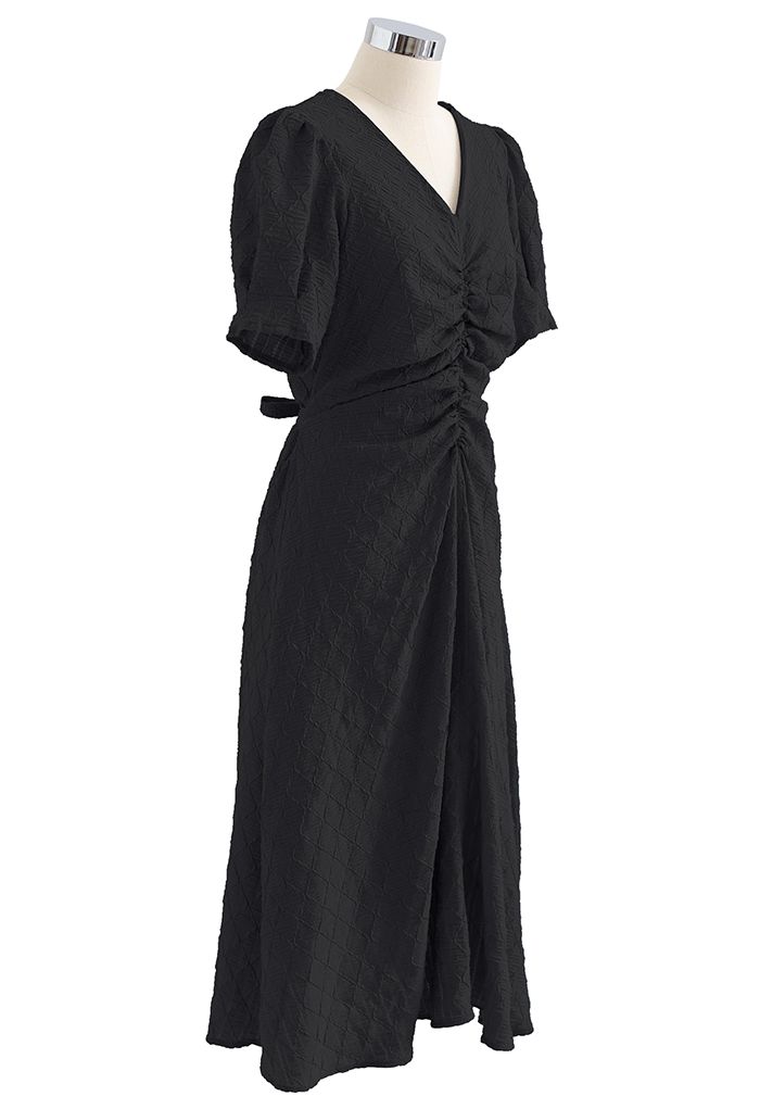Embossed Diamond Ruched Midi Dress in Black