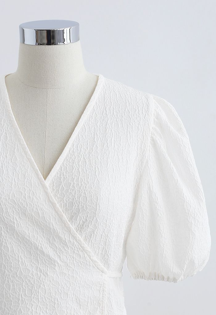 Textured Self-Tie Wrap Crop Top White