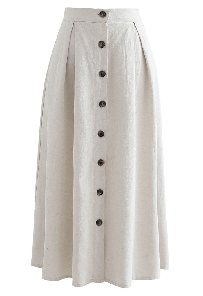 Button Front Cotton A-Line Midi Skirt in Linen