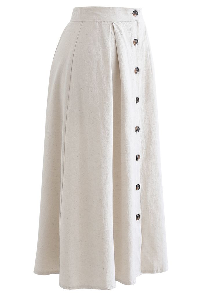 Button Front Cotton A Line Midi Skirt In Linen Retro Indie And Unique Fashion