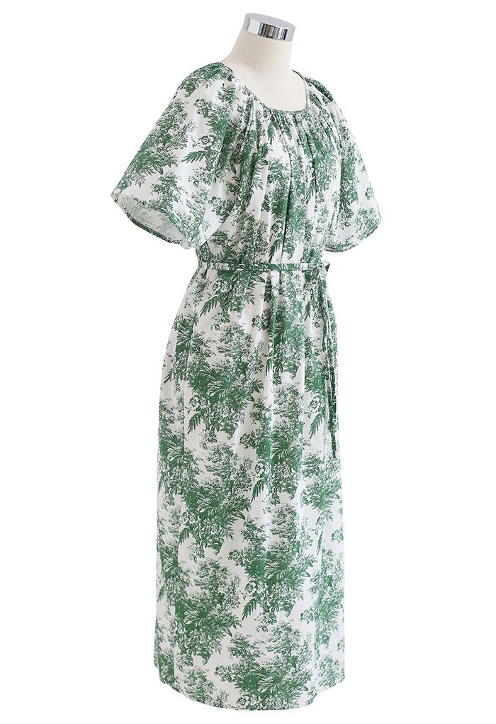 Flare Sleeve Floral Print Dolly Dress in Green