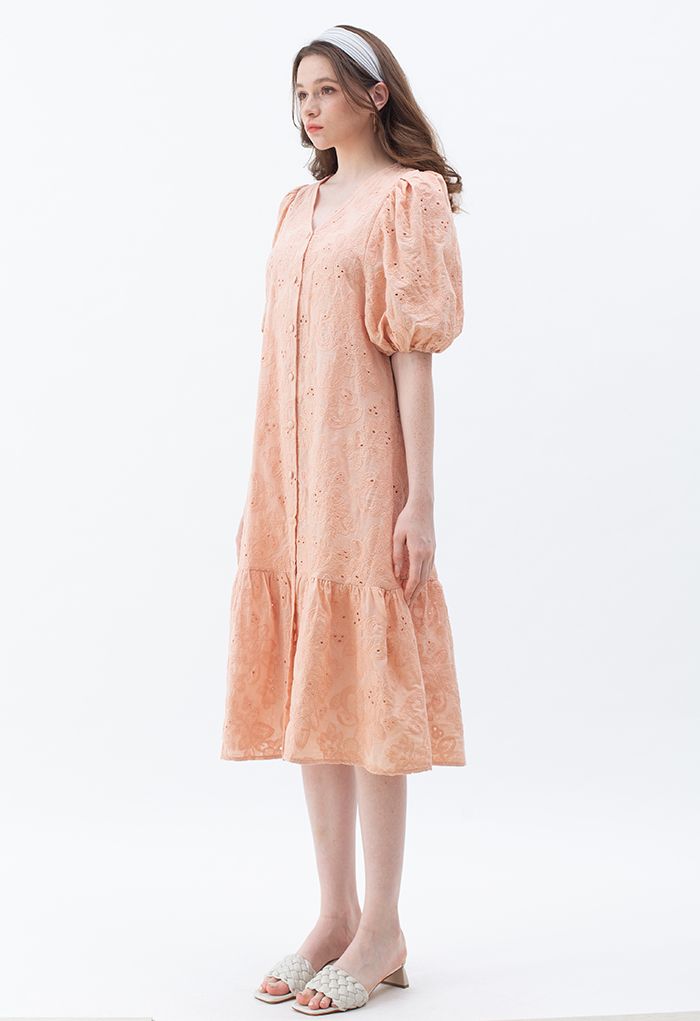 Button Down Bubble Sleeve Embroidered Dolly Dress in Coral
