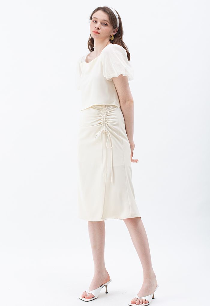 Ruched Drawstring Front Slit Midi Skirt in Cream