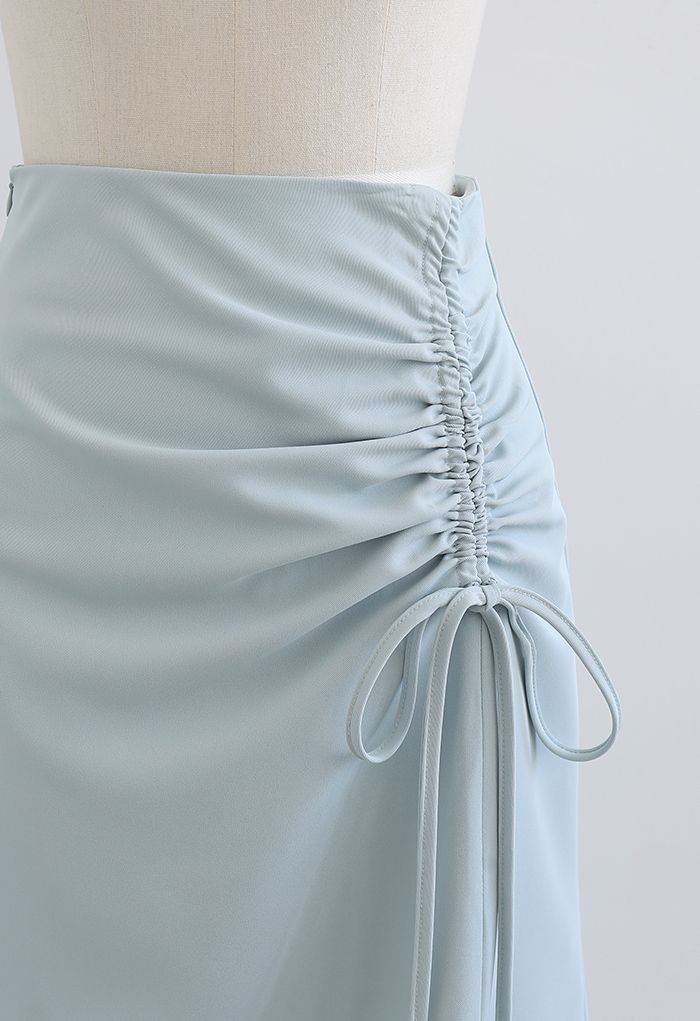 Ruched Drawstring Front Slit Midi Skirt in Dusty Blue