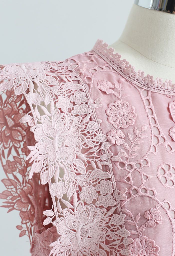 Full Embroidered Cochet Sheer Sleeveless Top in Pink