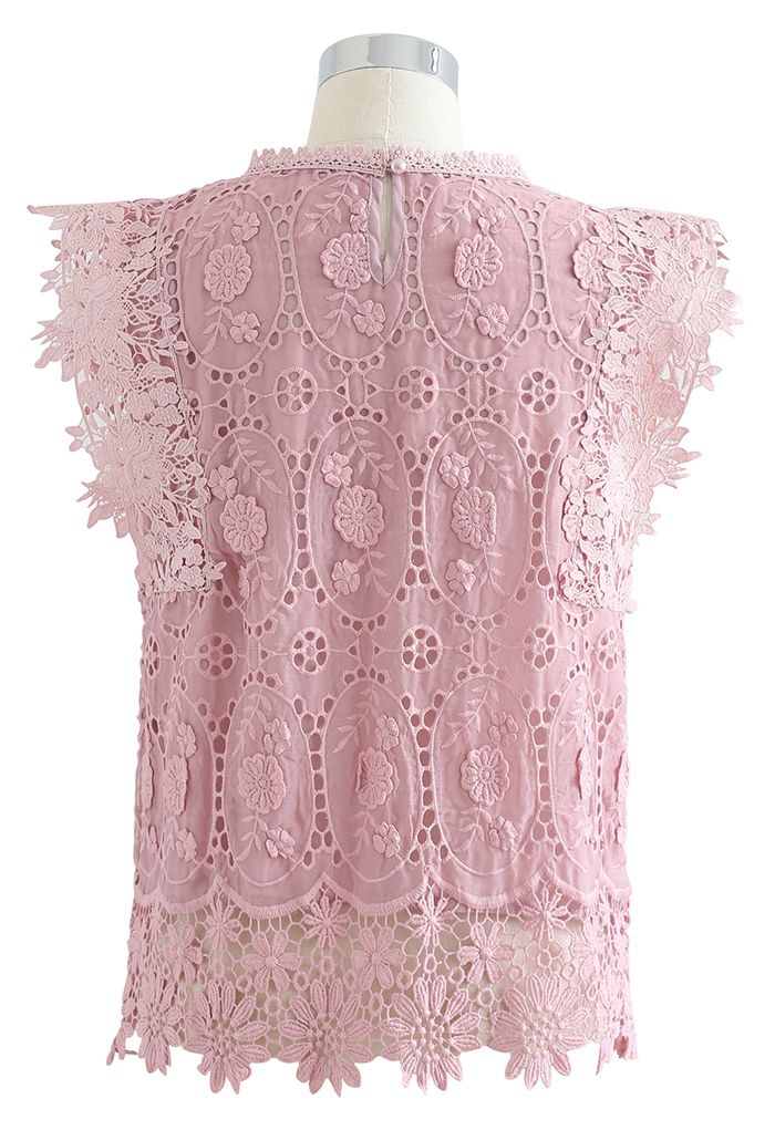 Full Embroidered Cochet Sheer Sleeveless Top in Pink