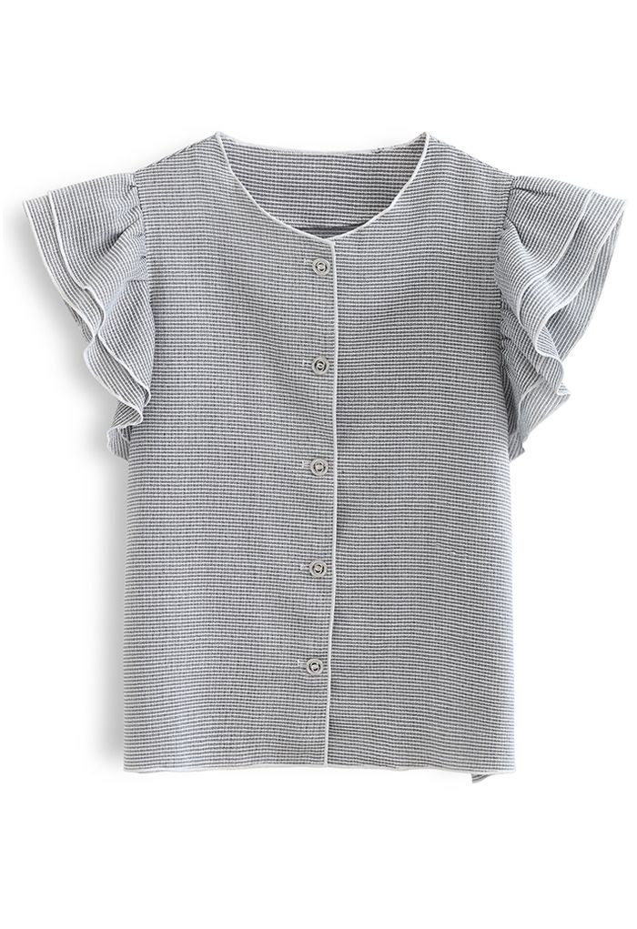 Flutter Sleeve Button Front Textured Top in Grey