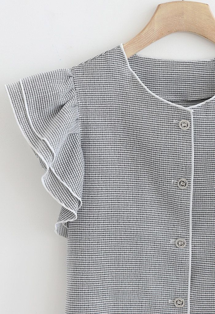 Flutter Sleeve Button Front Textured Top in Grey