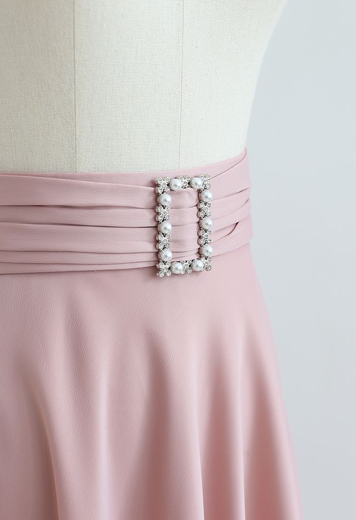 Brooch Detail Satin A-line Midi Skirt in Pink