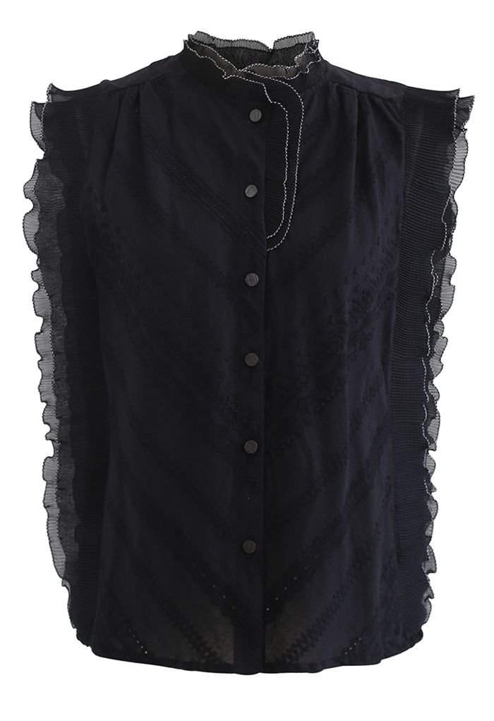 Contrast Edge Button Down Sleeveless Top in Black