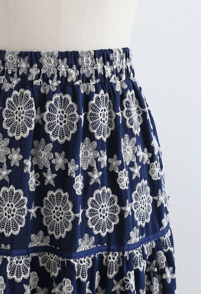 Embroidered Flower Scalloped Skirt in Navy