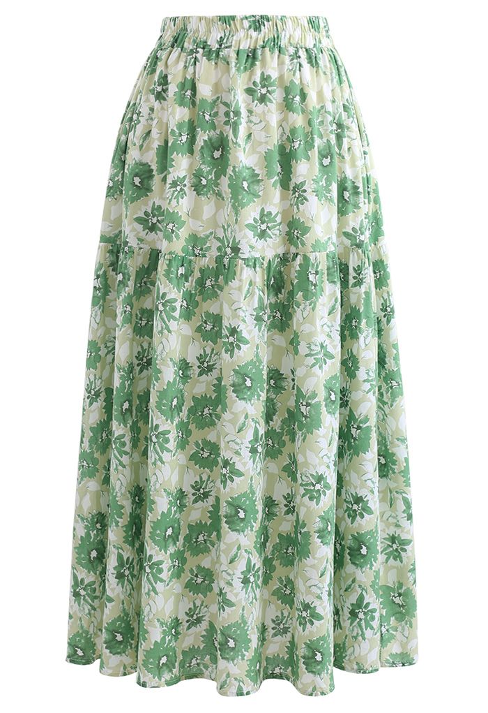 Floral Print Cotton Midi Skirt in Green