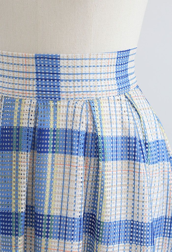 Pastel Plaid Pleated Midi Skirt in Blue