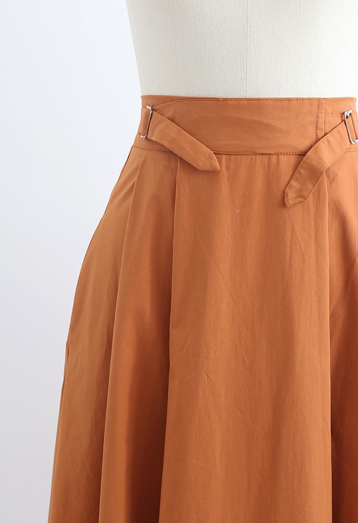 Belted Waist Pleated Cotton Midi Skirt in Orange