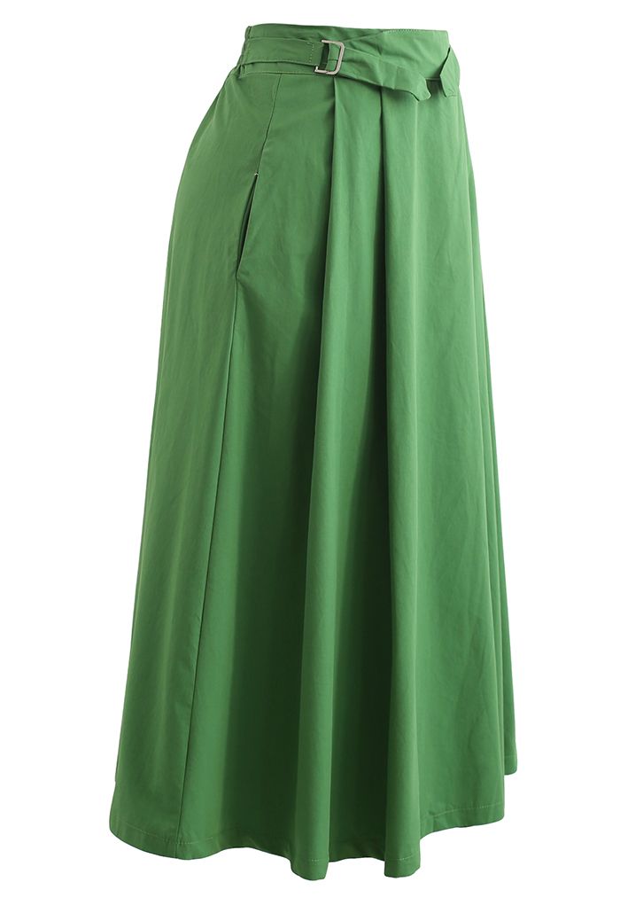 Belted Waist Pleated Cotton Midi Skirt in Green