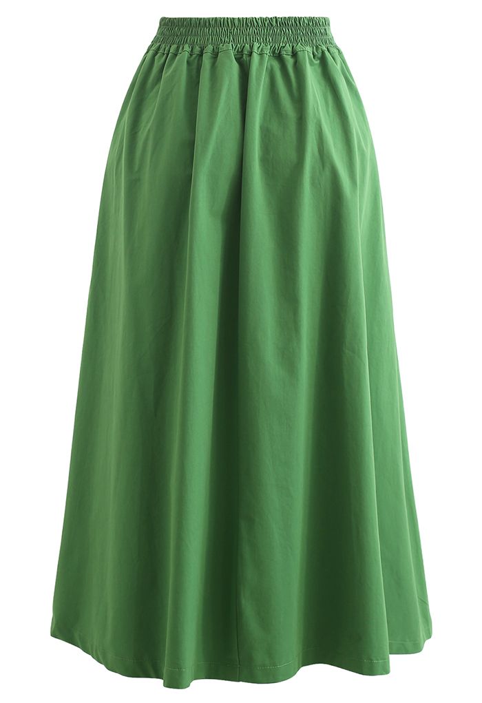 Belted Waist Pleated Cotton Midi Skirt in Green