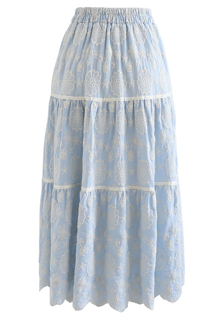 Embroidered Flower Scalloped Skirt in Light Blue
