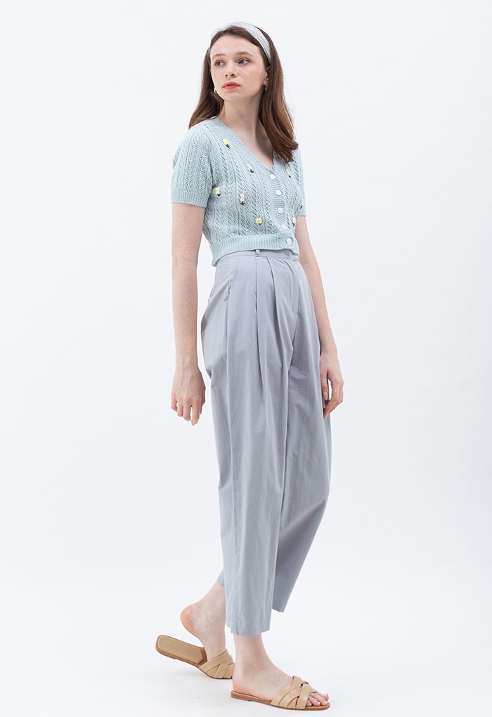 Belted Waist Straight Leg Cotton Pants in Blue