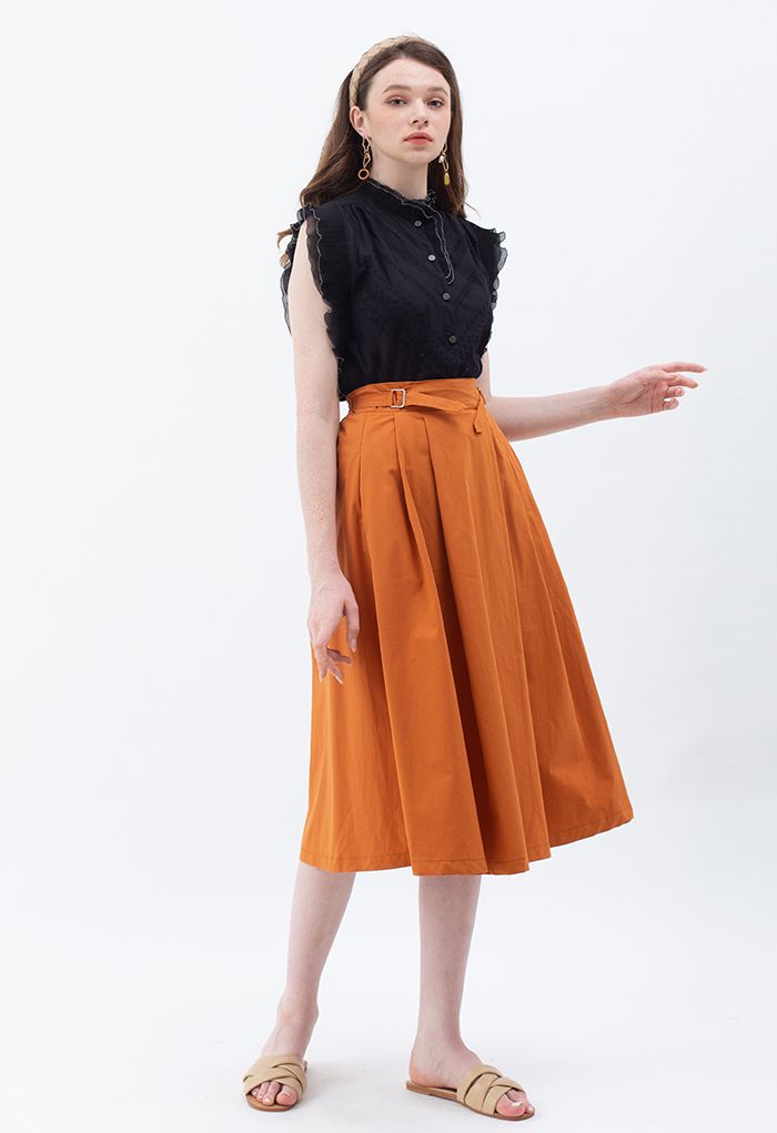 Belted Waist Pleated Cotton Midi Skirt in Orange