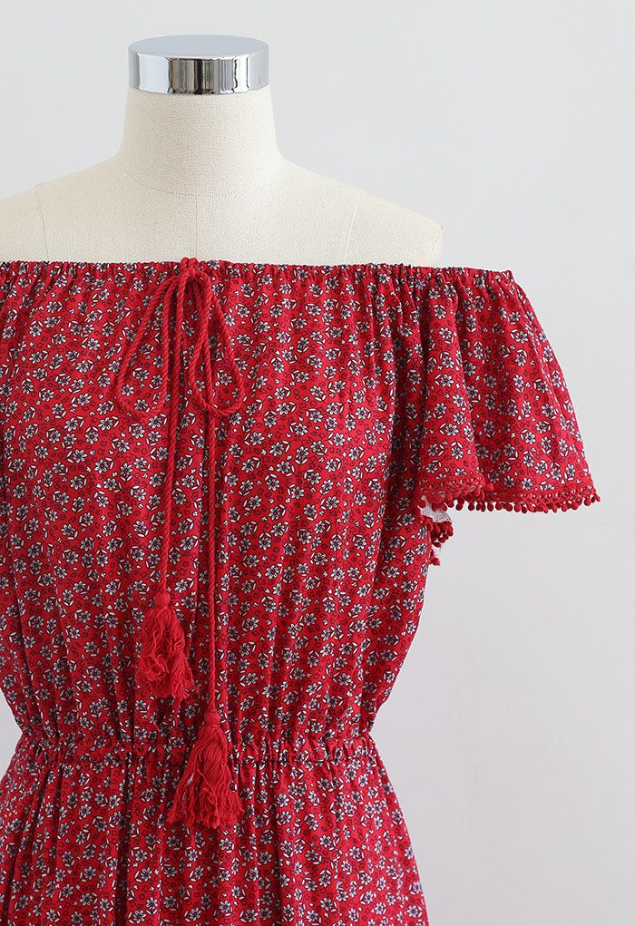 Boho Floret Printed Flutter Sleeves Maxi Dress in Red