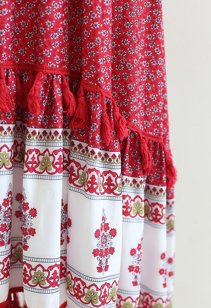 Boho Floret Printed Flutter Sleeves Maxi Dress in Red