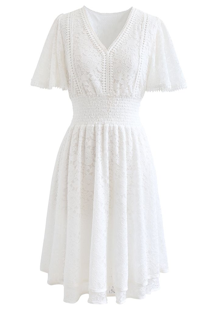 Rose V-Neck Shirred Waist Lace Dress in White
