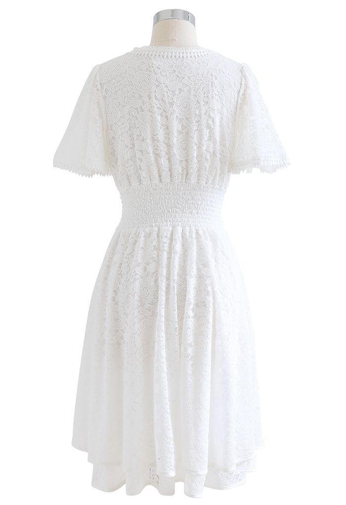 Rose V-Neck Shirred Waist Lace Dress in White