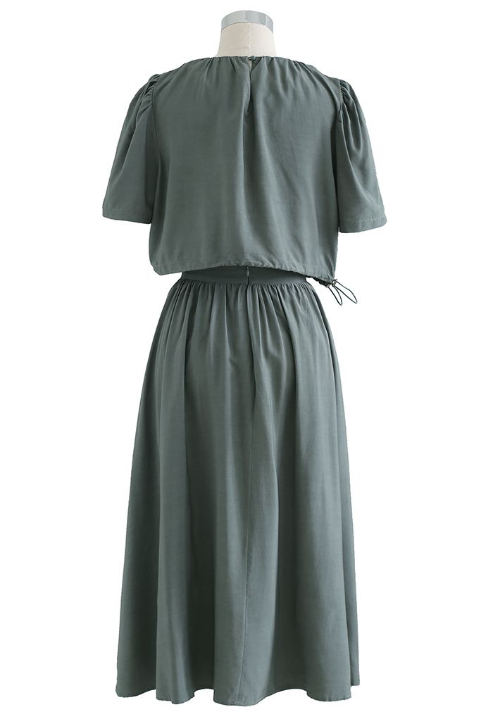 Drawstring Waist Cropped Top and Skirt Set in Teal