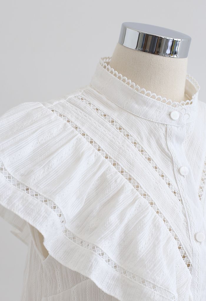 Ruffle Trim Button Front Sleeveless Top in White