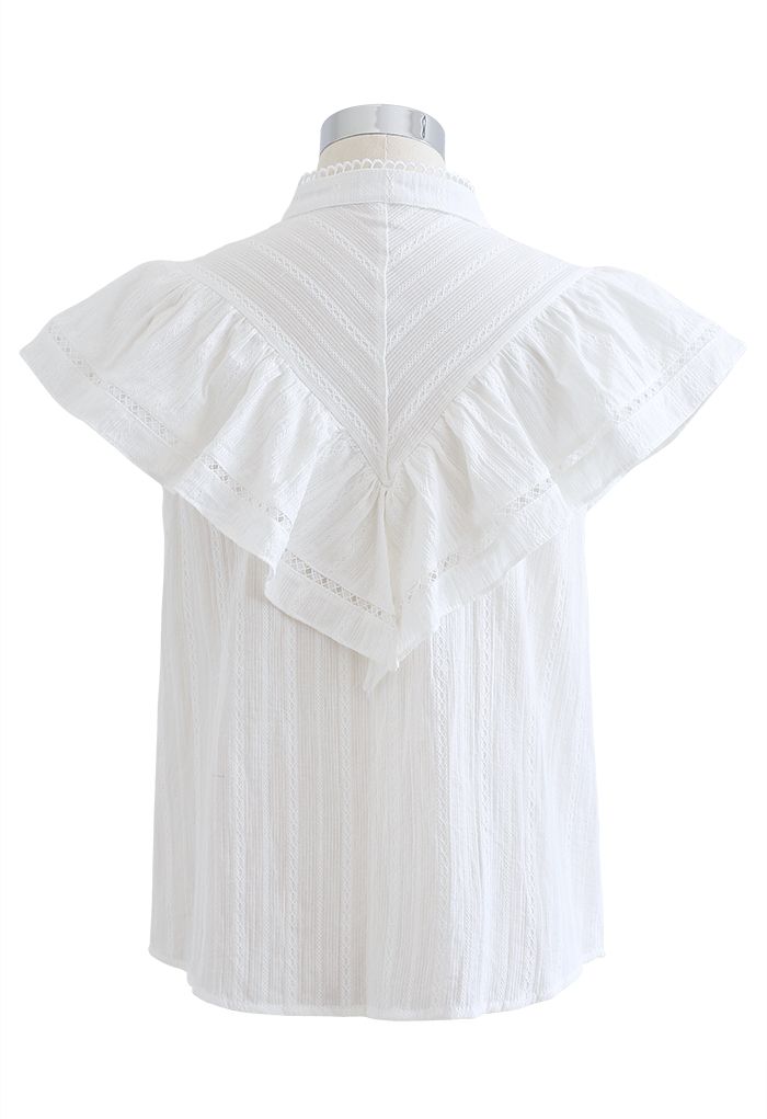 Ruffle Trim Button Front Sleeveless Top in White