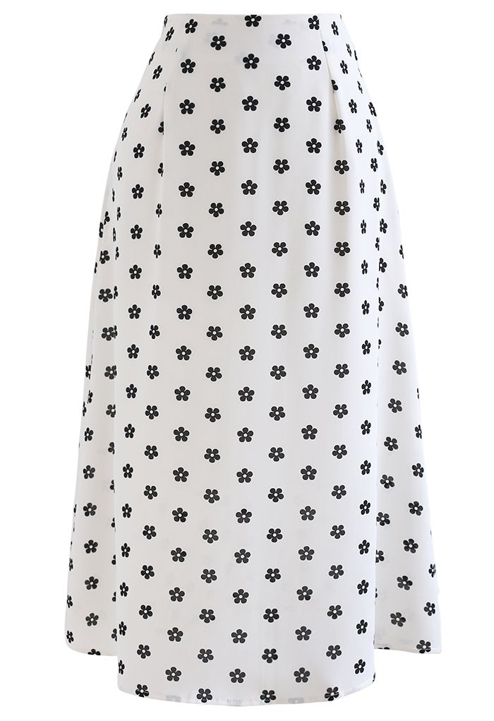 Daisy Print High-Waisted A-Line Midi Skirt in White