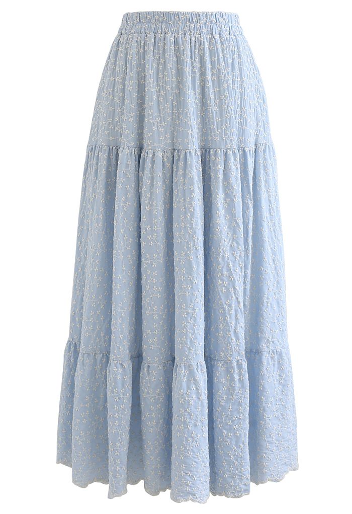 Embroidered Floret Frilling Cotton Skirt in Light Blue